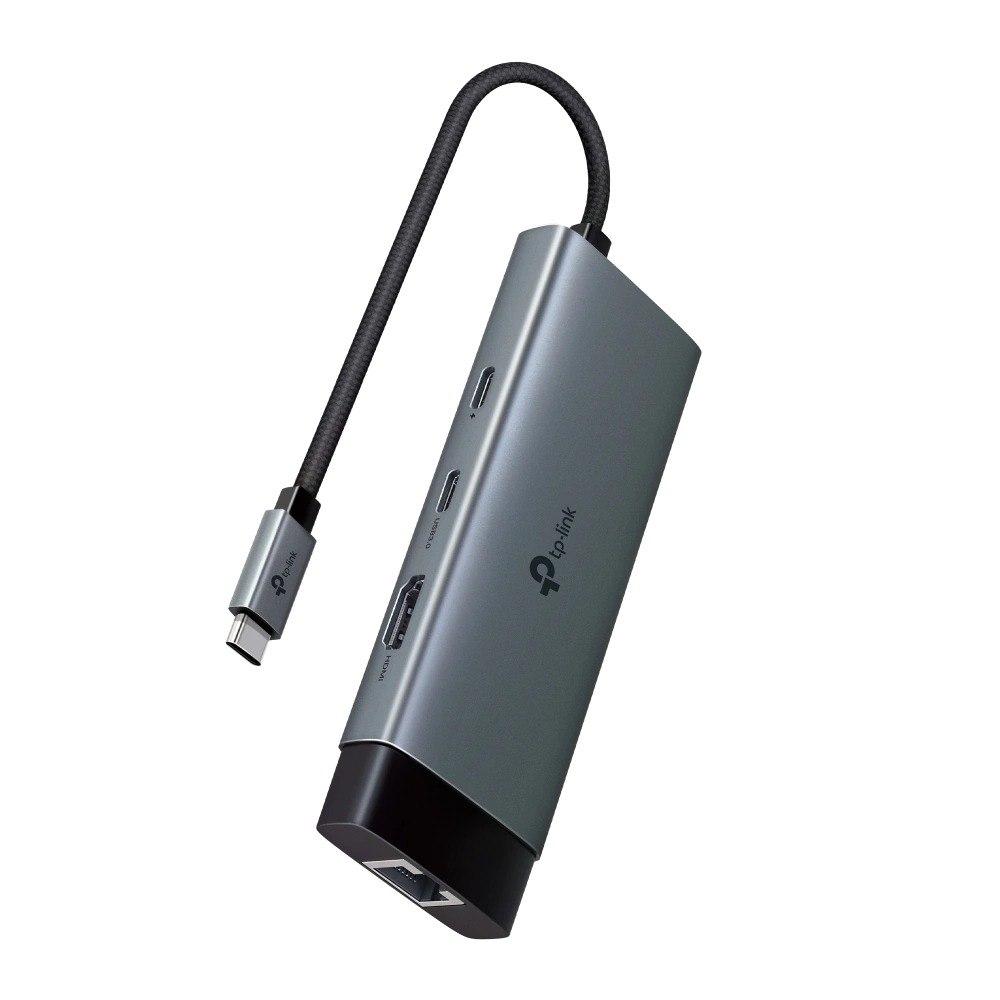 מפצל Tp-Link UH6120C USB Type-C 6-in-1 – פריט בודד בצבע אפור עם כבל USB-C שחור המציג יציאות HDMI USB 3 0