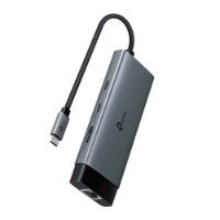 מפצל Tp-Link UH6120C USB Type-C 6-in-1 – פריט בודד בצבע אפור עם כבל USB-C שחור המציג יציאות HDMI USB 3 0