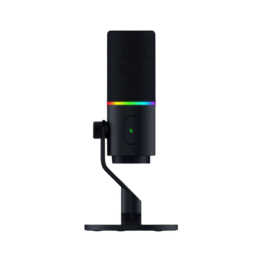 מיקרופון דינמי לגיימרים עם תאורת RGB וחיבורי USB Type-C ו-Razer Seiren V3 Pro XLR – מיקרופון שחור על מעמד עם תאורת RGB
