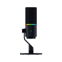 מיקרופון דינמי לגיימרים עם תאורת RGB וחיבורי USB Type-C ו-Razer Seiren V3 Pro XLR – מיקרופון שחור על מעמד עם תאורת RGB