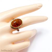 טבעת כסף בשילוב ענבר בלטי אמיתי צבע קוניאק וציפוי עדין של גולדפילד RG8686