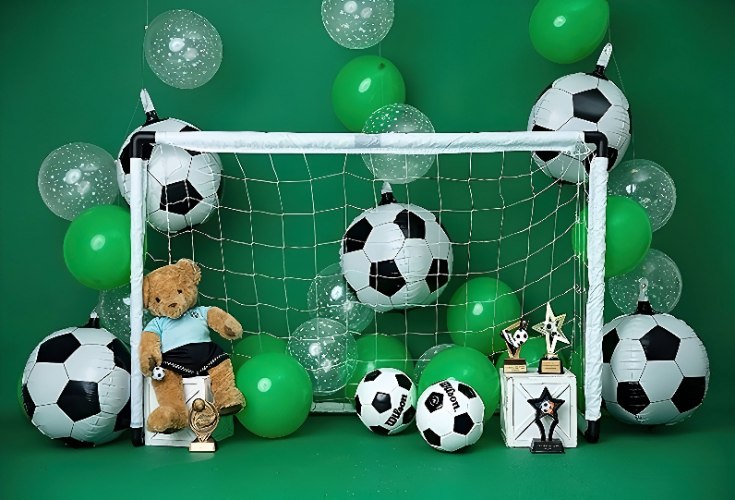 רקע בד לצלמים | כדורגל בלונים ירוק שער גביע דובי | צילום ילדים וקייק סמאש