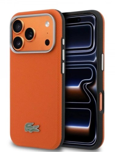 כיסוי LACOSTE מקורי לאייפון 17 פרו (iPhone 17 Pro) עם תמיכה ב-MagSafe – כתום ומסגרת מצלמה כסופה