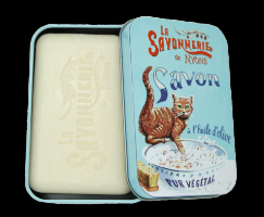 סבון בקופסת פח מלבנית מאוירת/ חתול באמבטיה