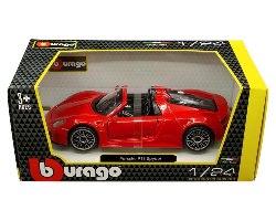 דגם מכונית בוראגו פורשה 918 אדומה 1/24 Bburago Porsche 918 Spyder Convertible Red