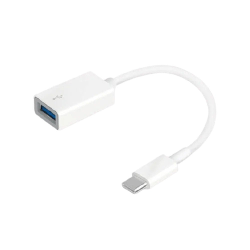 כבל מתאם Tp-Link UC400 USB-C to USB-A Adapter – פריט בודד מתאם לבן עם מחבר USB-C ושקע USB-A כחול
