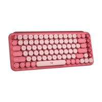 מקלדת מכאנית אלחוטית אדום/ורוד Logitech POP Keys – פריט בודד מקלדת ורודה עם מקשים עגולים בהירים מונחת בזווית USB