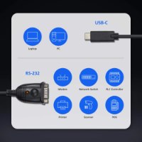 מתאם Aten UC232C USB-C to RS-232 Adapter – אינפוגרפיקה המפרטת את חיבורי USB-C ו-RS-232 להתקנים שונים