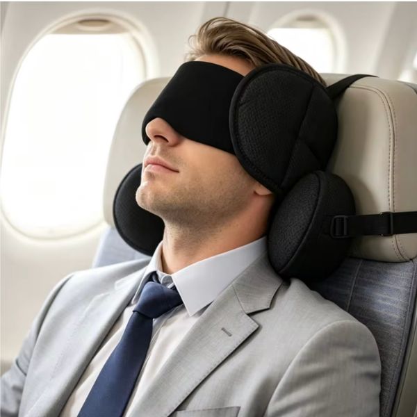 כרית טיולים לצוואר משולבת מסכת שינה FlightSleep