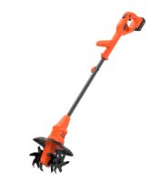 מעדר חשמלי נטען Black+Decker BETL1820L – מבט אלכסוני על הכלי הכתום והשחור עם הלהבים
