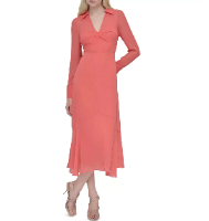 DKNY Women's Dress Sz 12 Collared V-Neck Long-Sleeve Chiffon Pink