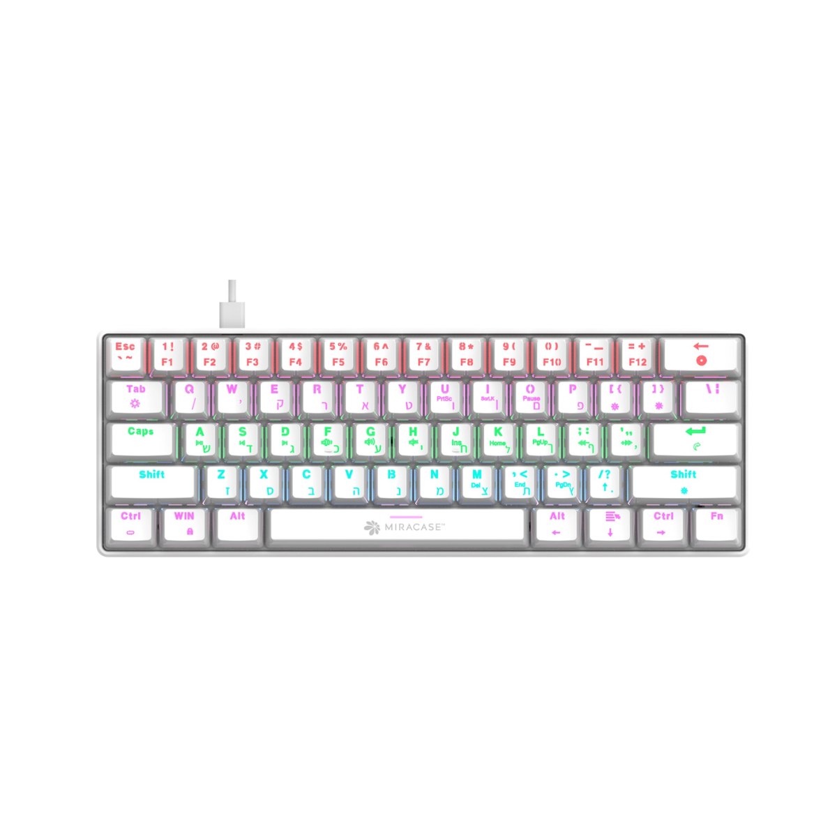 מקלדת מכנית חוטית צבע לבן Miracase MMCK100 RGB – מקלדת לבנה עם תאורת RGB כיתוב עברי-אנגלי וחיבור Type-C