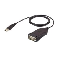 מתאם Aten UC485 USB to RS422/RS485 – פריט בודד כבל מתאם שחור עם חיבורי USB ו-DB9 מונח על רקע לבן