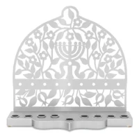 חנוכיית אלומיניום כסוף  נגזרת מנורה ופרחים