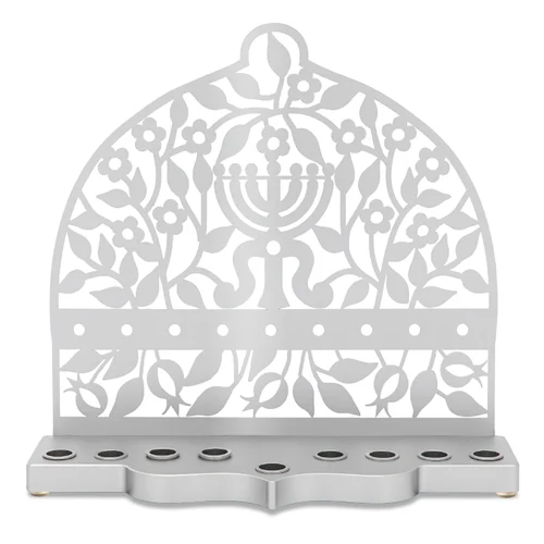 חנוכיית אלומיניום כסוף  נגזרת מנורה ופרחים