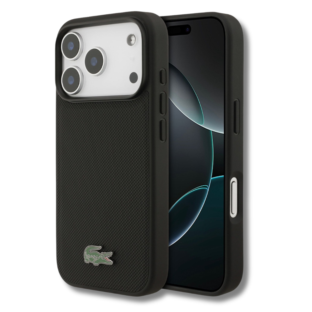 כיסוי LACOSTE מקורי לאייפון IPHONE 18 PRO בעיצוב טקסטורה עם תמיכה ב-MagSafe – שחור