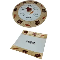 סט צלחת פסח וצלחת מצה תואם דגם רימונים