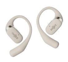 אוזניות אלחוטיות צבע בז' Shokz OpenFit Open-Ear – טעינה מהירה זוג אוזניות בצבע בז מוצגות על רקע לבן