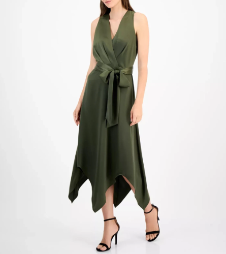 ANNE KLEIN Women's Dress Sz 10 Surplice Handkerchief-Hem Green