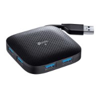 רכזת Tp-Link UH400 USB 3.0 4-Port Portable – רכזת USB שחורה עם ארבע כניסות כחולות וכבל חיבור פריט בודד