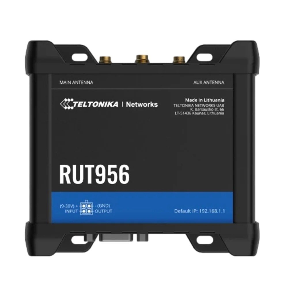 נתב סלולרי תעשייתי Teltonika RUT956 4G – Wi-Fi יחידה שחורה מלבנית עם כיתוב RUT956 וחיבורי אנטנה למעלה