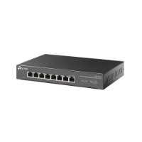 מתג חכם Tp-Link SG108-M2 8 Port 2.5Gbps – Wi-Fi שם המוצר המלא מתג רשת שחור עם שמונה חיבורי RJ45 מונח על רקע
