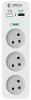מפצל חשמל אנכי 3 שקעים + מטען USB A ו-C מהיר Omega דגם QGT3VR-2U-C-L