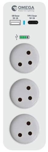 מפצל חשמל אנכי 3 שקעים + מטען USB A ו-C מהיר Omega דגם QGT3VR-2U-C-L