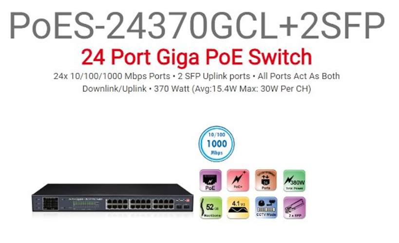 מתג Provison 24 PORT POE SWITCH 2XSFP UPLINK PORTS 380W Total