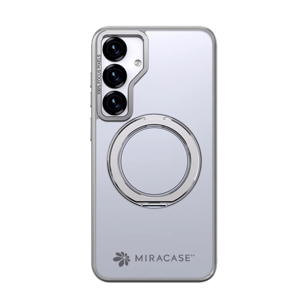 כיסוי אפור עבור Miracase Miraring Samsung S25 Plus – שקוף עם טבעת אחיזה כסופה על רקע לבן אלחוטית