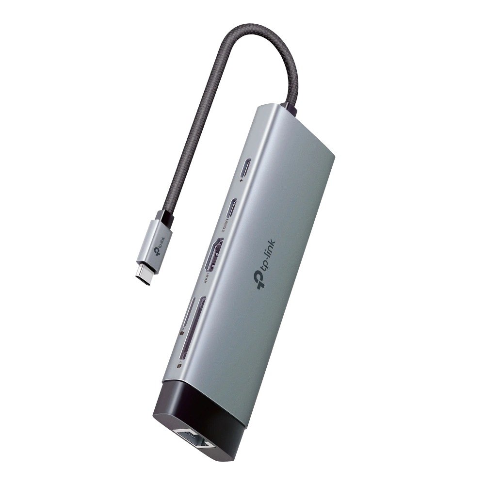 מפצל Tp-Link UH9120C USB Type-C 9-in-1 – פריט בודד אפור עם כבל USB-C שחור ויציאות מרובות גלויות על צידו Wi-Fi