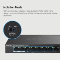 מתג Mercusys MS108GP 8-P Gigabit – תמונת אינפוגרפיקה על רקע אפור בהיר המציגה מתג רשת שחור עם כיתוב Isolation Mode