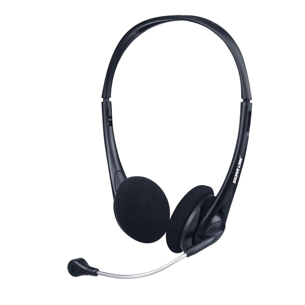 אוזניות+מיקרופון Silver Line HS010V USB – פריט בודד אוזניות שחורות עם מיקרופון גמיש כסוף מוצגות על רקע לבן