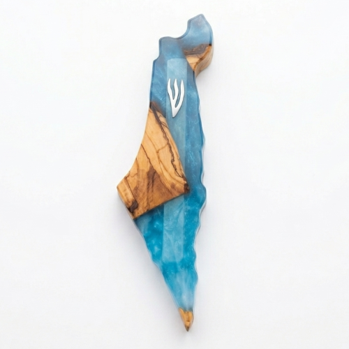 Mezuzá "Tierra de Israel" – Madera de Olivo y Epoxi en Colores del Mar