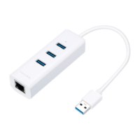 מפצל USB 3.0 לחיבור רשת RJ45 בעל 3 חיבורי TP-Link UE330 USB 3.0 – מתאם לבן מציג שלושה חיבורי USB כחולים וחיבור רשת RJ45