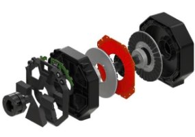 הגה מירוצים ודוושות Thrustmaster Ferrari T598 Xbox/PC – תרשים מפורק של מנגנון ההגה עם לוח מעגלים ירוק