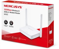 ראוטר Mercusys 300Mbps ADSL2+ MW300D – ראוטר לבן עם 2 אנטנות מוצג על אריזתו