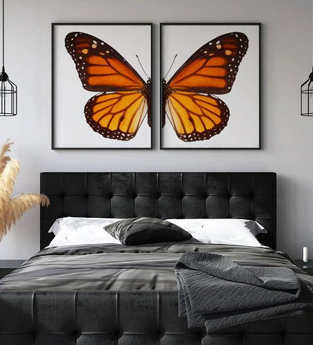 "Monarch" סט זוג תמונה מחולקת של פרפר בצבע כתום ועורקים שחורים |קנבס מתוח וממוסגר מוכן לתליה