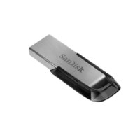 זיכרון נייד SanDisk Ultra Flair USB 3.0 512GB – פריט בודד בצבע כסף ושחור מונח בזווית על רקע לבן