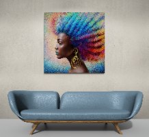 "מלכת שבא" תמונת קנבס מיוחדת של פני אישה אפריקאית בפרופיל עם אפרו צבעוני ועגיל זהב