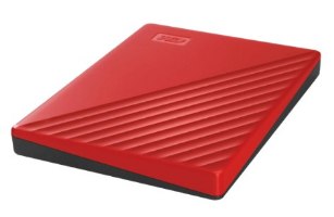 כונן קשיח חיצוני צבע אדום Western Digital WDBYVG0020BRD My Passport 2TB – פריט בודד אדום ושחור עם פסים אלכסוניים מונח