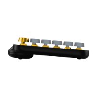 מקלדת מכאנית אלחוטית שחור/צהוב Logitech POP Keys – המקלדת השחורה מצד עם כפתור זהוב וחמישה מקשים אפורים