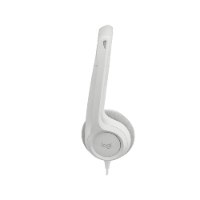 אוזניות עם מיקרופון צבע לבן Logitech H390 USB – פריט בודד בצבע לבן עם רפידת אוזן אפורה ולוגו Logitech נראה מהצד על רקע
