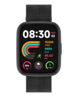 שעון חכם צבע שחור FitPro S4 – שעון שחור עם רצועת רשת מטאלית מציג נתוני בריאות וזמן על מסך כהה