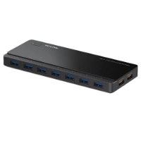 מפצל Tp-Link UH720 USB 3.0 7-Port – פריט בודד שחור עם שבעה חיבורי USB כחולים ושני חיבורי טעינה צהובים עם טעינה