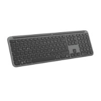 מקלדת גיימינג אלחוטית צבע Logitech K950 Slim Graphite – מקלדת גרפיט עם פריסה מלאה מונחת באלכסון על רקע לבן עם USB