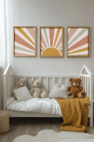 "Boho Sunrise" -סט שלוש תמונות לחדר שינה ילדים, נוער או לחדר בעיצוב בוהמי, תמונה מעוצבת של שמש זורחת