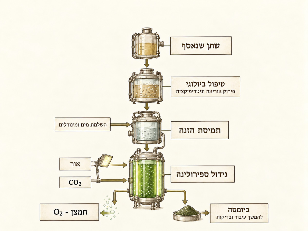 תרשים של מחזור חומרי הזנה, גידול ספירולינה ויצירת חמצן במערכת מחקר לתמיכת חיים בחלל