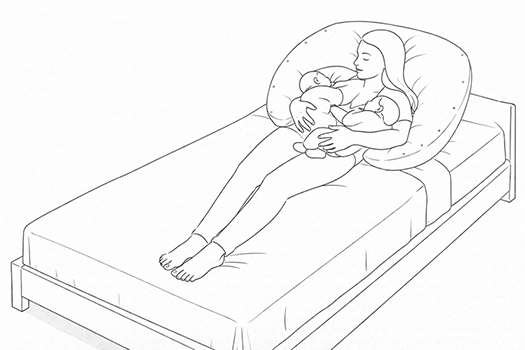 Tandem nursing twins while lying down using the Koalita MoonLove twin nursing pillow.
