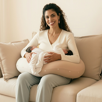 Tandem nursing twins using the Koalita MoonLove twin nursing pillow.